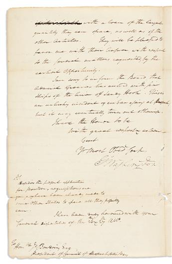 (AMERICAN REVOLUTION.) WASHINGTON, GEORGE. Letter Signed, G:Washington, to President of the Council of Massachusetts Bay James Bowdoi